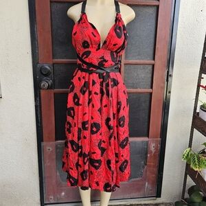 Elegant Red and Black Halter Midi Dress